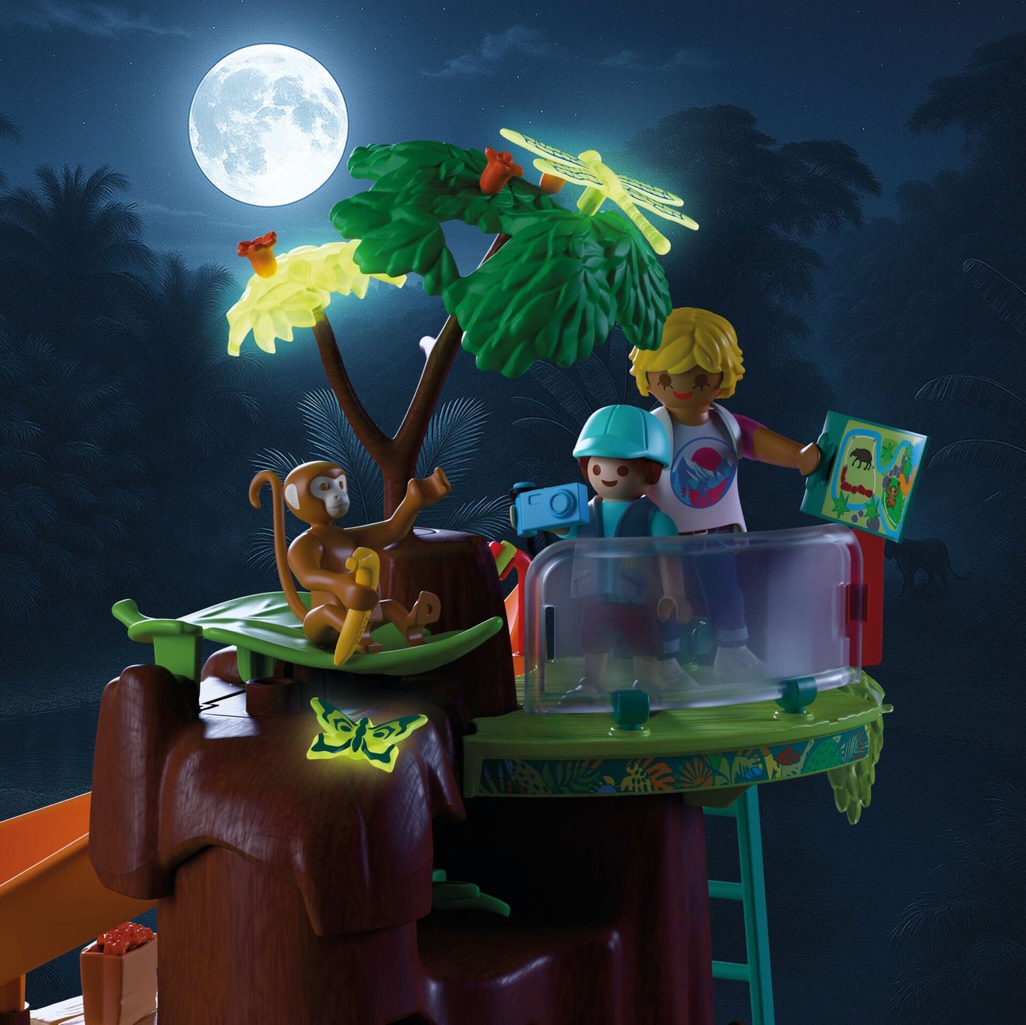 PLAYMOBIL Zoo Jungle Adventure 72071 jungle tree playset with canoe, jaguar, tapirs, monkey and explorer figures