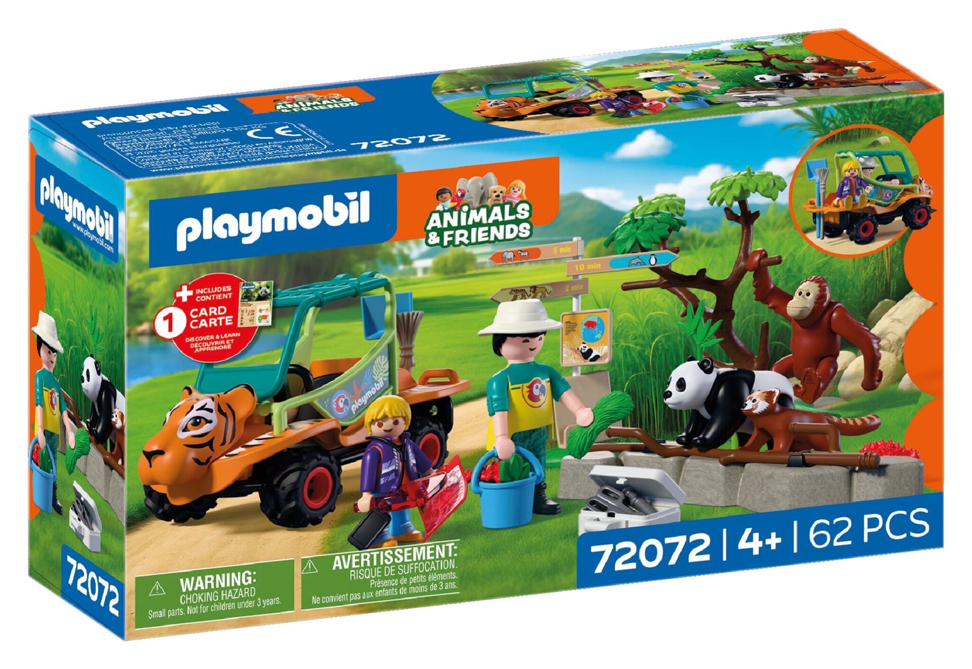 PLAYMOBIL Zoo Zookeeper with Vehicle 72072 featuring a tiger-themed utility vehicle, panda, red panda, orangutan and zookeeper figures