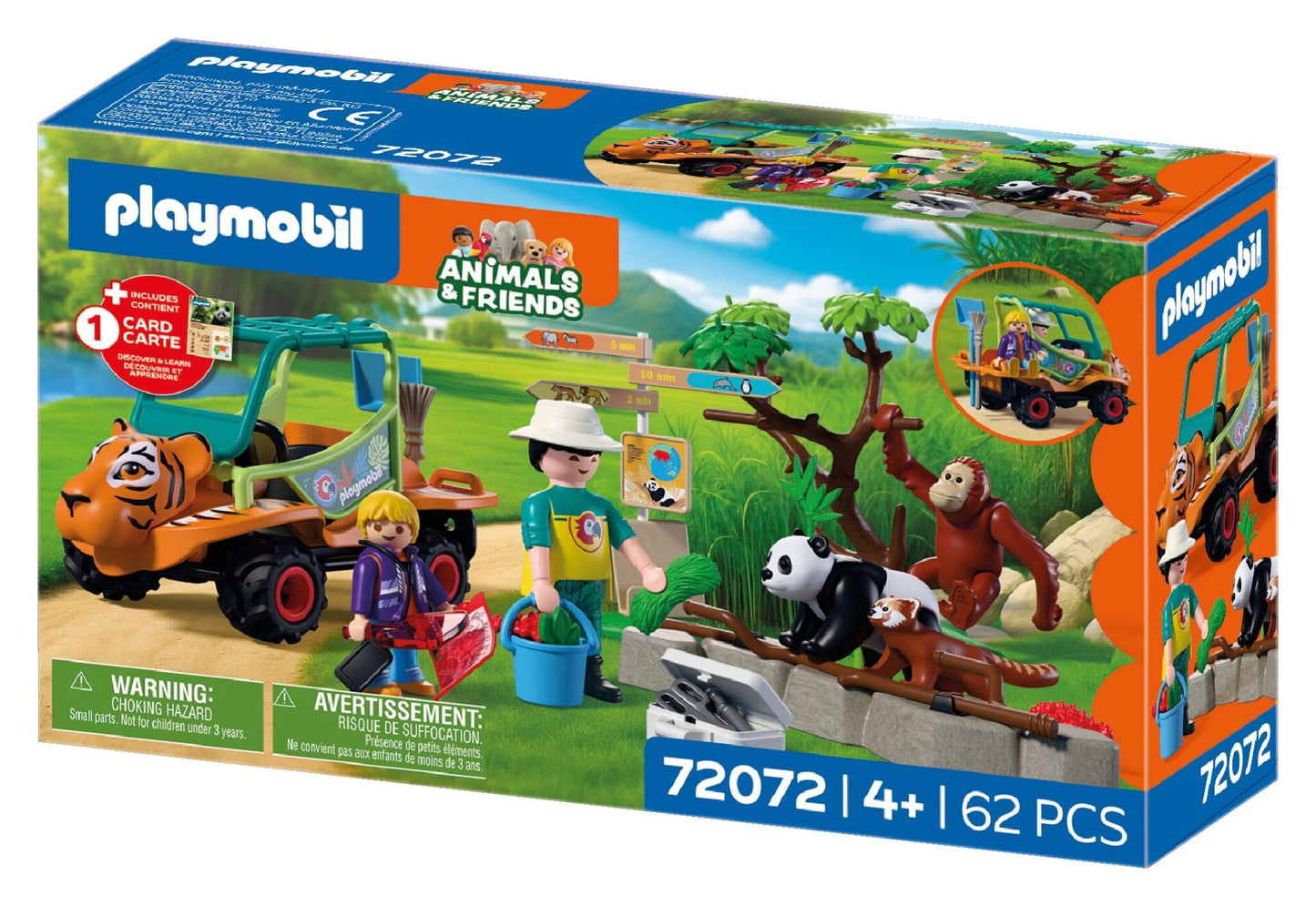 PLAYMOBIL Zoo Zookeeper with Vehicle 72072 featuring a tiger-themed utility vehicle, panda, red panda, orangutan and zookeeper figures