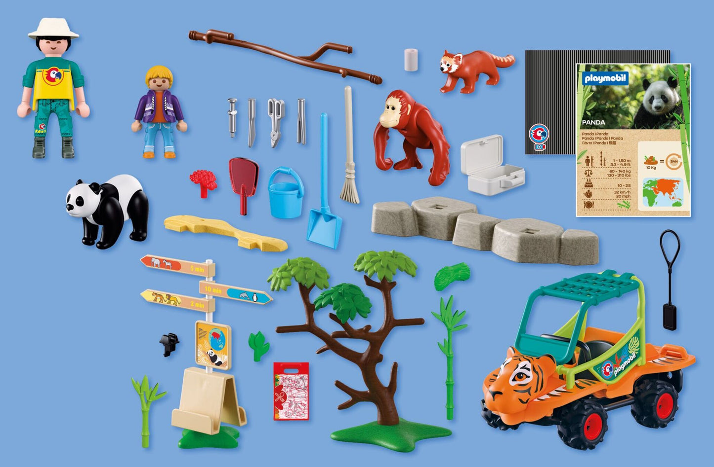 PLAYMOBIL Zoo Zookeeper with Vehicle 72072 featuring a tiger-themed utility vehicle, panda, red panda, orangutan and zookeeper figures
