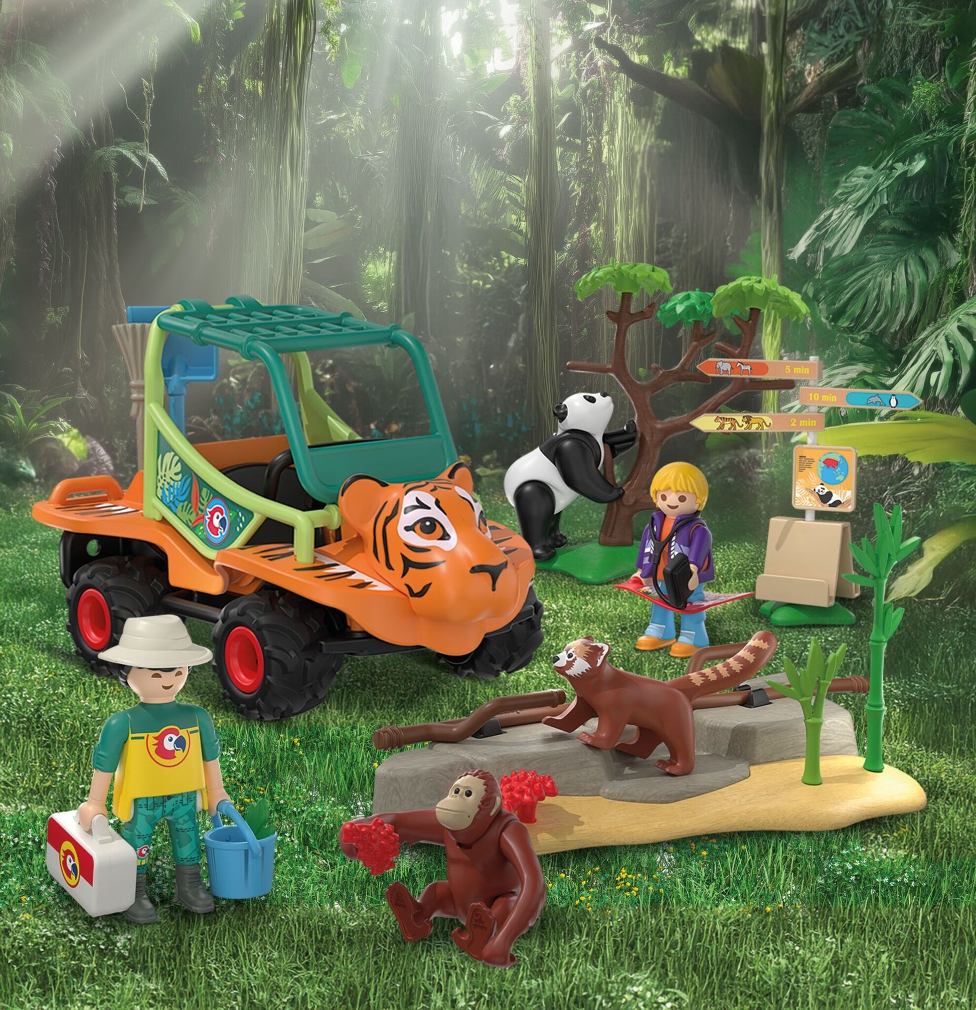 PLAYMOBIL Zoo Zookeeper with Vehicle 72072 featuring a tiger-themed utility vehicle, panda, red panda, orangutan and zookeeper figures