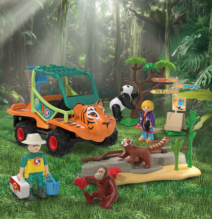 PLAYMOBIL Zoo Zookeeper with Vehicle 72072 featuring a tiger-themed utility vehicle, panda, red panda, orangutan and zookeeper figures