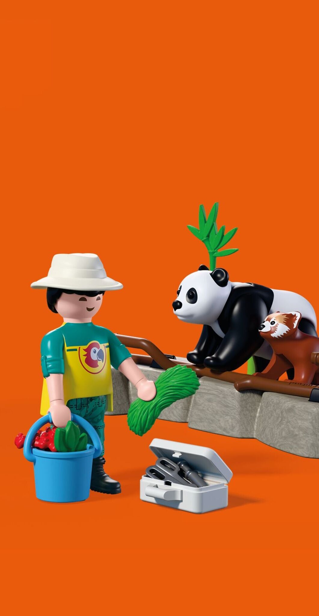 PLAYMOBIL Zoo Zookeeper with Vehicle 72072 featuring a tiger-themed utility vehicle, panda, red panda, orangutan and zookeeper figures