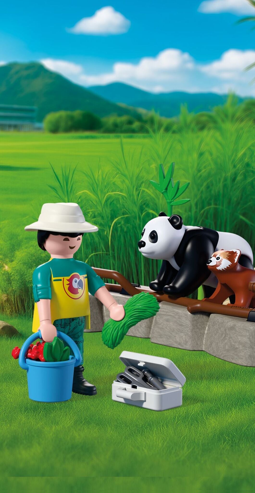 PLAYMOBIL Zoo Zookeeper with Vehicle 72072 featuring a tiger-themed utility vehicle, panda, red panda, orangutan and zookeeper figures