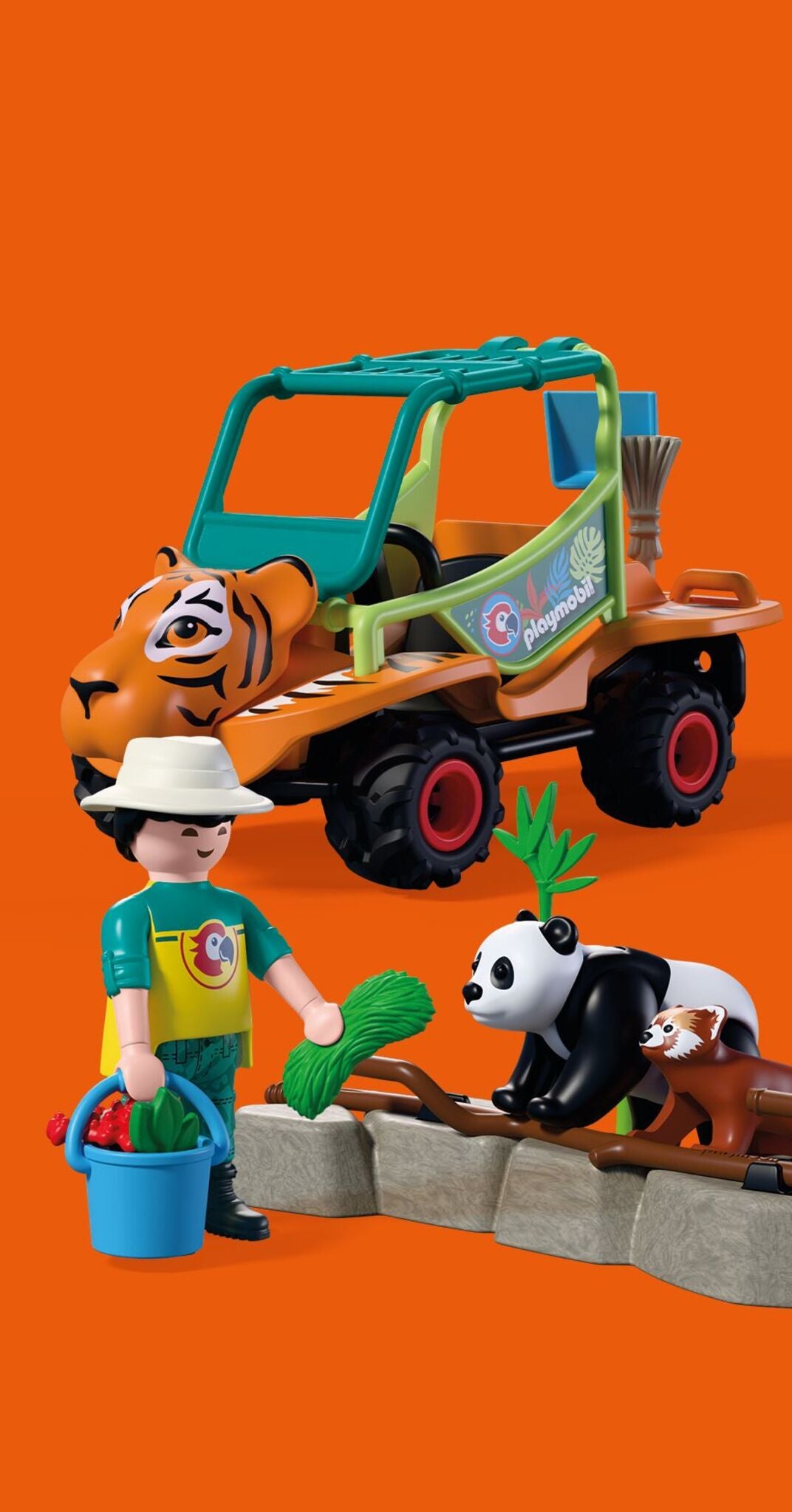 PLAYMOBIL Zoo Zookeeper with Vehicle 72072 featuring a tiger-themed utility vehicle, panda, red panda, orangutan and zookeeper figures