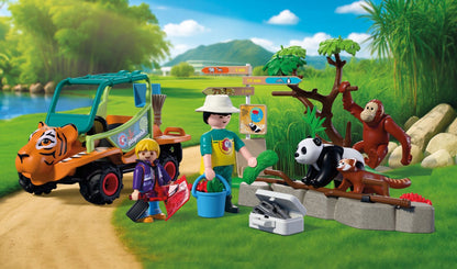 PLAYMOBIL Zoo Zookeeper with Vehicle 72072 featuring a tiger-themed utility vehicle, panda, red panda, orangutan and zookeeper figures