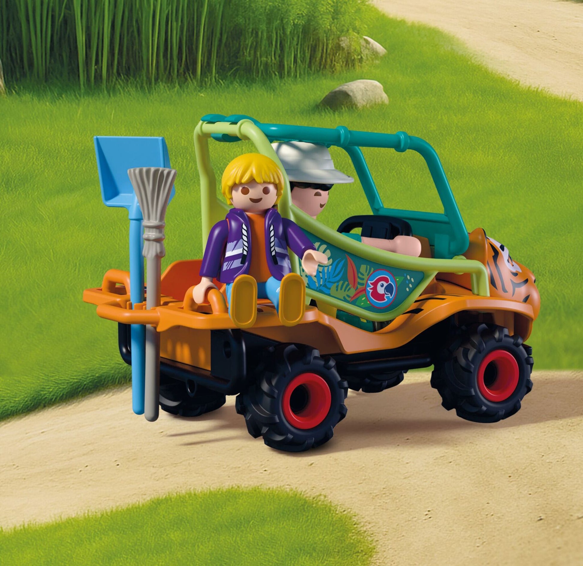 PLAYMOBIL Zoo Zookeeper with Vehicle 72072 featuring a tiger-themed utility vehicle, panda, red panda, orangutan and zookeeper figures