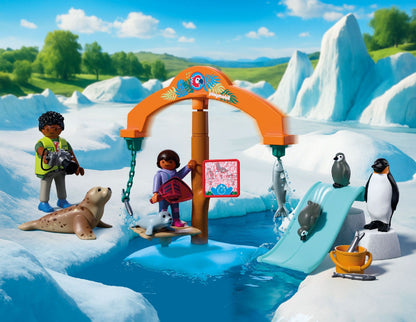 PLAYMOBIL Zoo Ice Expedition 72073 with explorer figures, emperor penguins, seals, feeding carousel and Antarctic accessories
