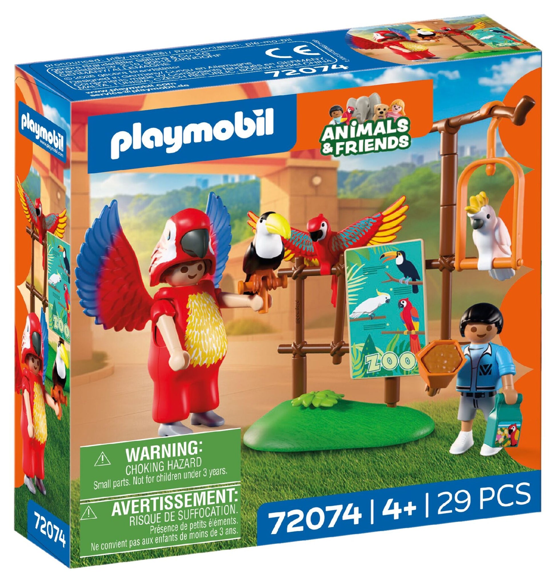 PLAYMOBIL Zoo Mascot 72074 featuring a colourful parrot costume with movable wings, tropical birds and zoo visitors