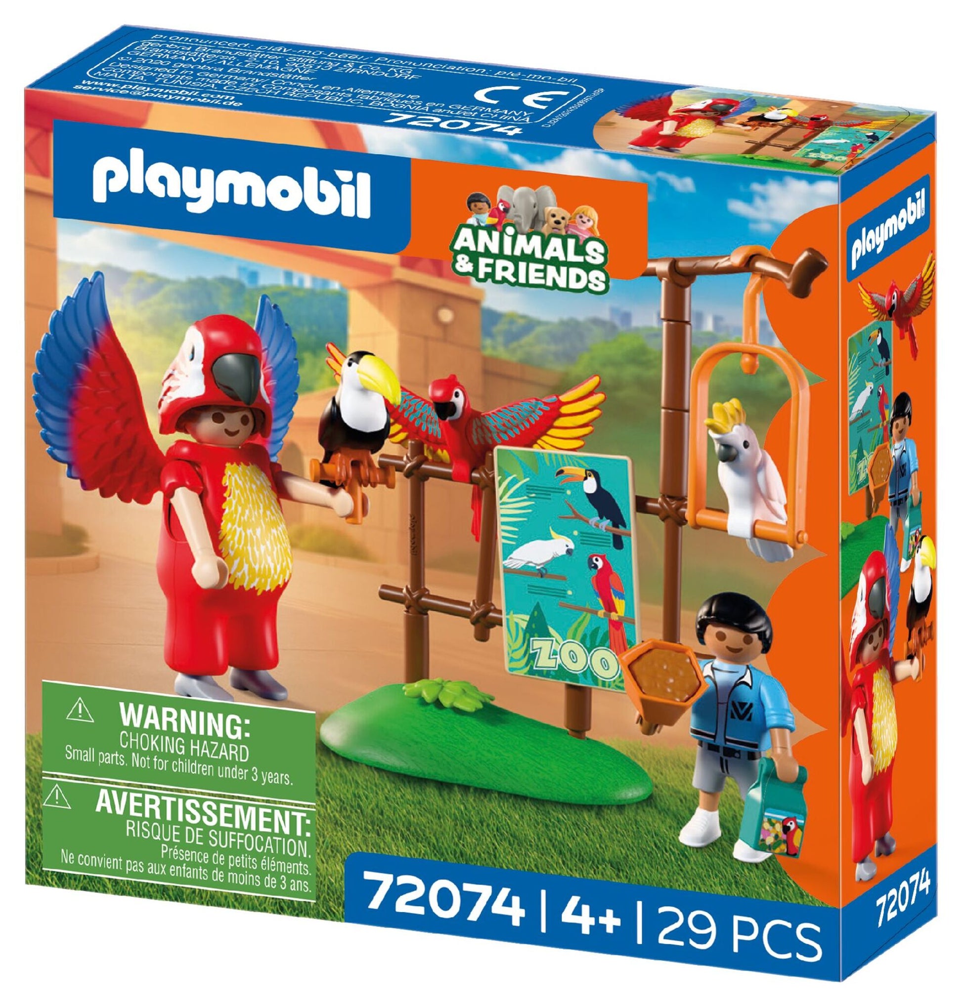 PLAYMOBIL Zoo Mascot 72074 featuring a colourful parrot costume with movable wings, tropical birds and zoo visitors