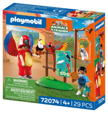 PLAYMOBIL Zoo Mascot 72074 featuring a colourful parrot costume with movable wings, tropical birds and zoo visitors