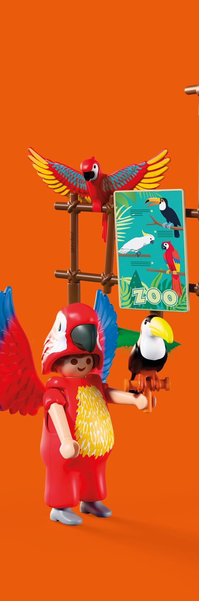 PLAYMOBIL Zoo Mascot 72074 featuring a colourful parrot costume with movable wings, tropical birds and zoo visitors