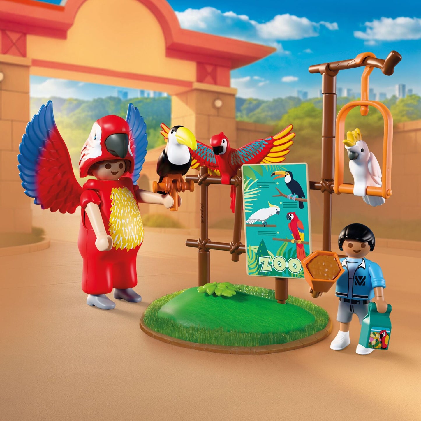 PLAYMOBIL Zoo Mascot 72074 featuring a colourful parrot costume with movable wings, tropical birds and zoo visitors