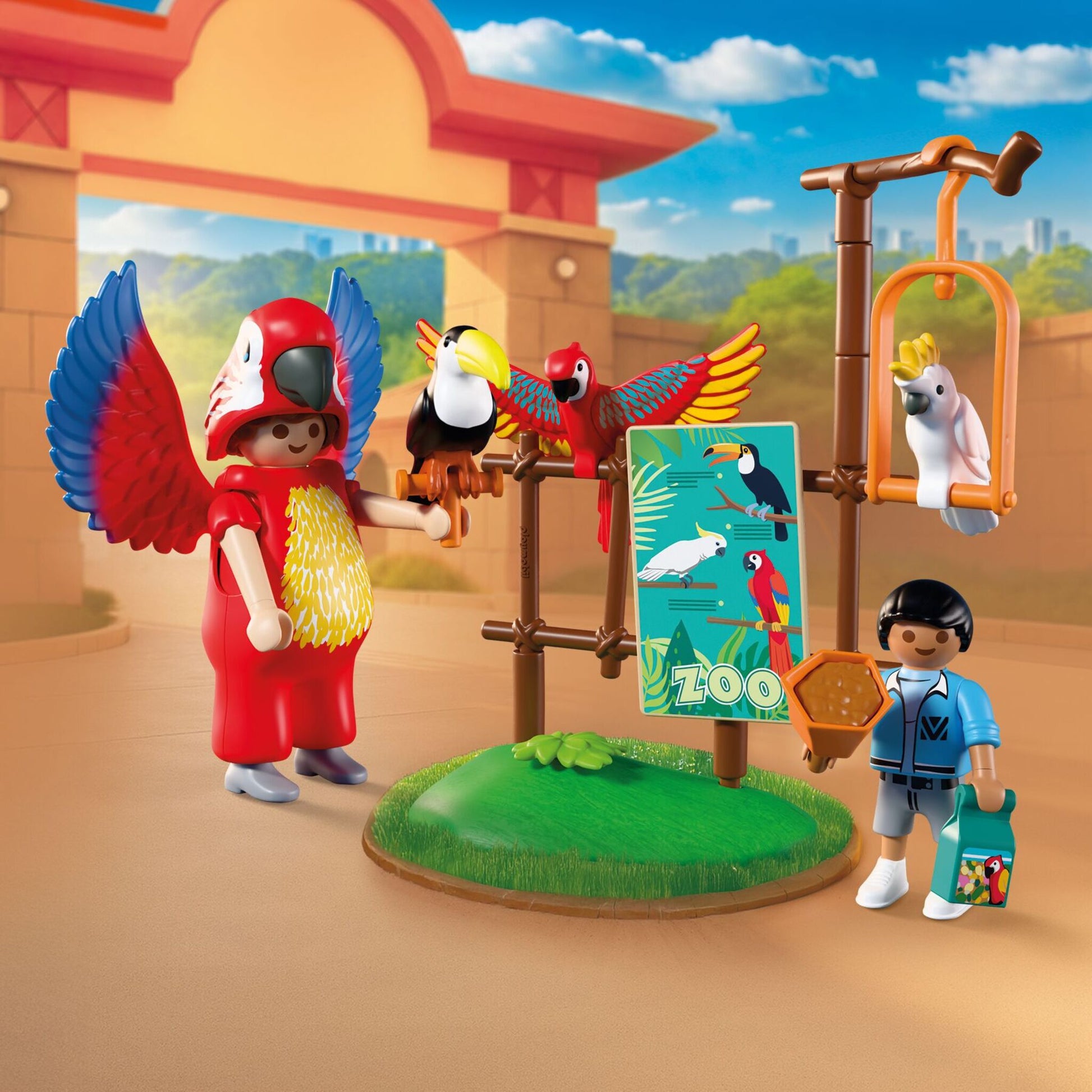 PLAYMOBIL Zoo Mascot 72074 featuring a colourful parrot costume with movable wings, tropical birds and zoo visitors