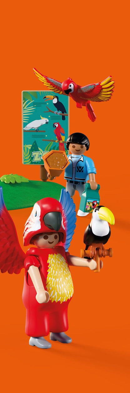 PLAYMOBIL Zoo Mascot 72074 featuring a colourful parrot costume with movable wings, tropical birds and zoo visitors