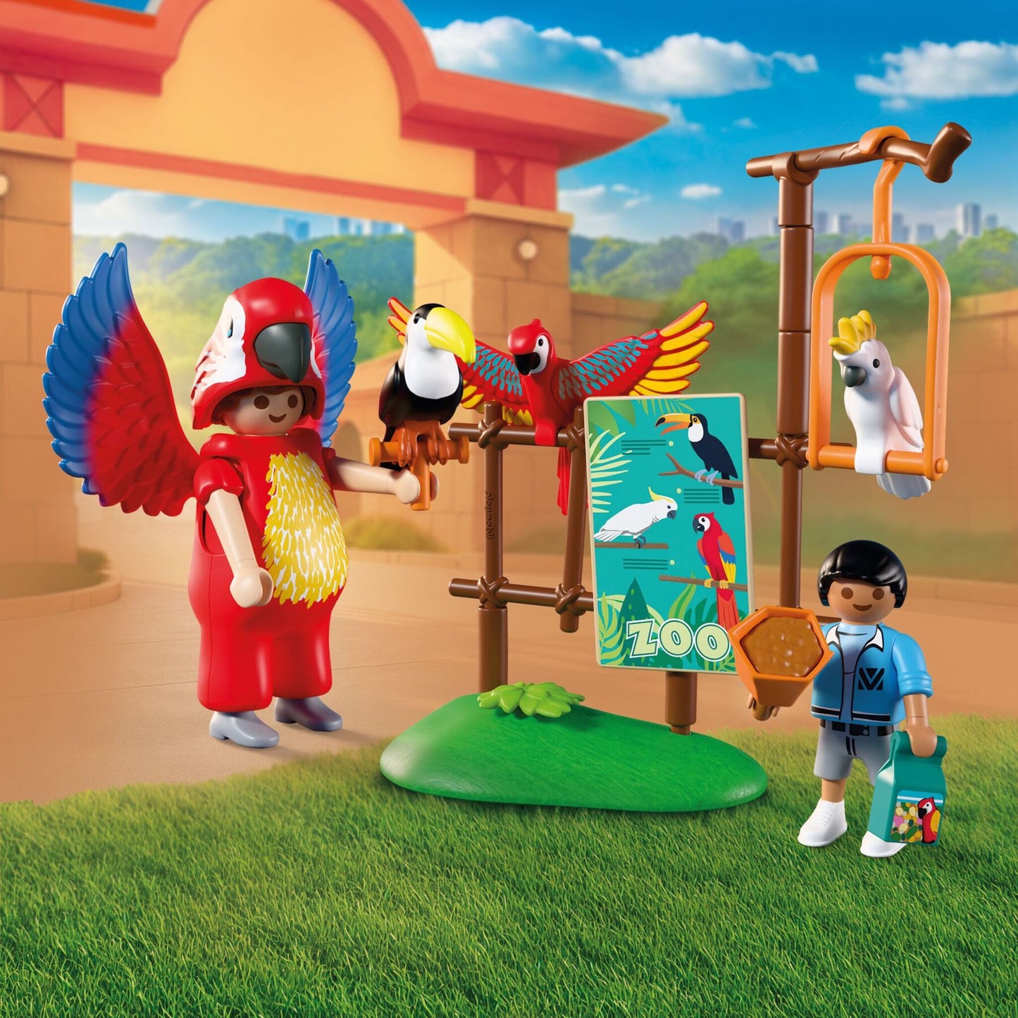 PLAYMOBIL Zoo Mascot 72074 featuring a colourful parrot costume with movable wings, tropical birds and zoo visitors