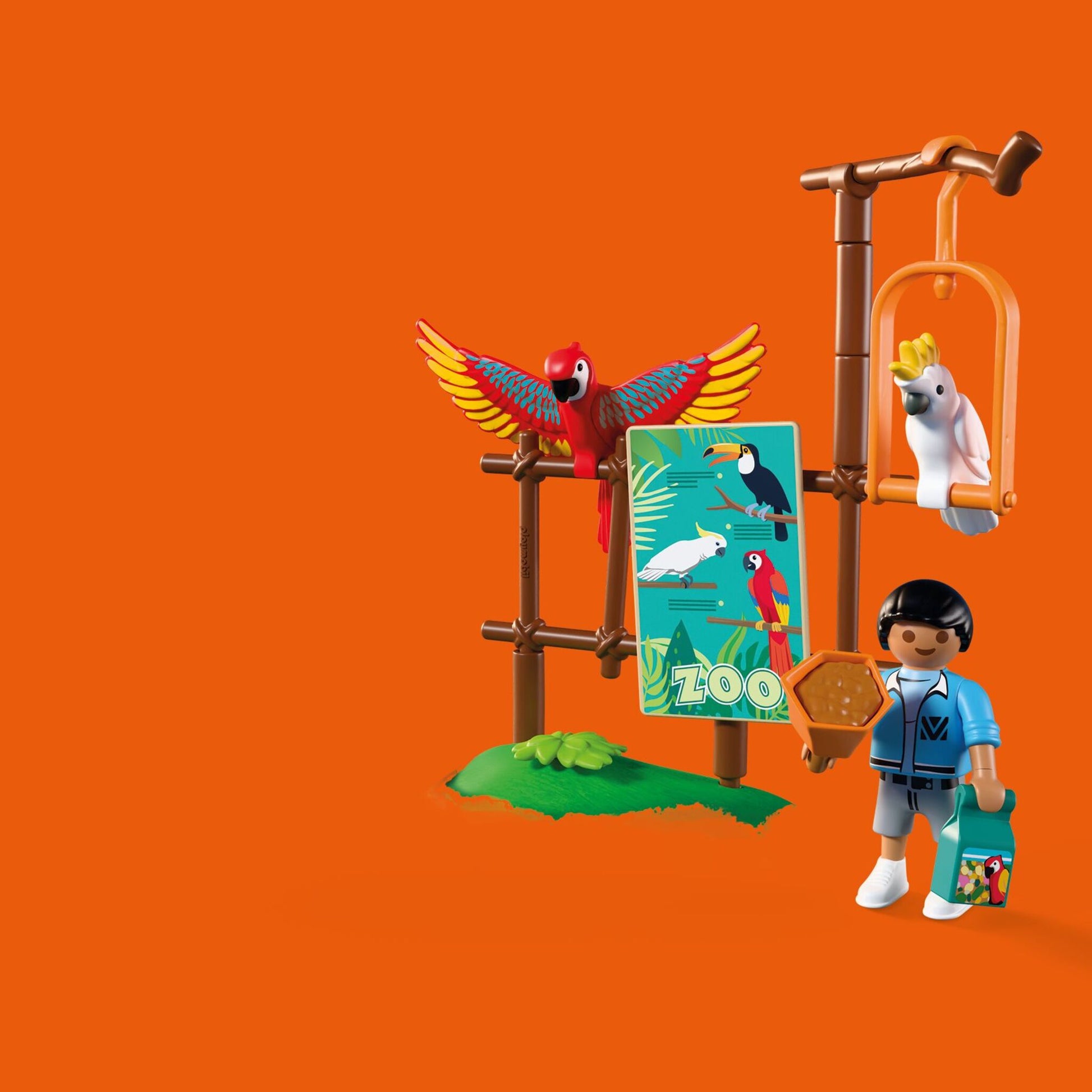 PLAYMOBIL Zoo Mascot 72074 featuring a colourful parrot costume with movable wings, tropical birds and zoo visitors