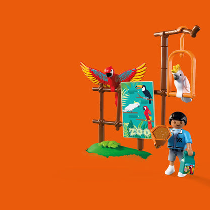 PLAYMOBIL Zoo Mascot 72074 featuring a colourful parrot costume with movable wings, tropical birds and zoo visitors
