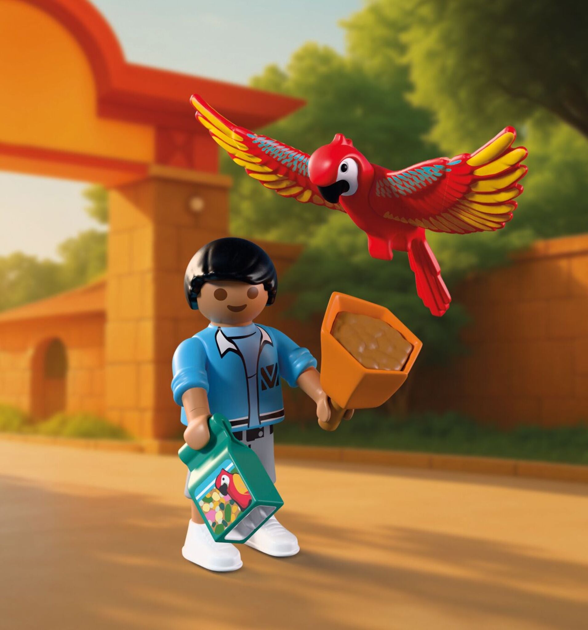 PLAYMOBIL Zoo Mascot 72074 featuring a colourful parrot costume with movable wings, tropical birds and zoo visitors