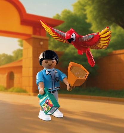 PLAYMOBIL Zoo Mascot 72074 featuring a colourful parrot costume with movable wings, tropical birds and zoo visitors
