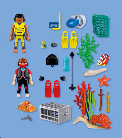 PLAYMOBIL Police Diver with Treasure 72078 underwater police playset with scooter, treasure chest, coral and sea creatures