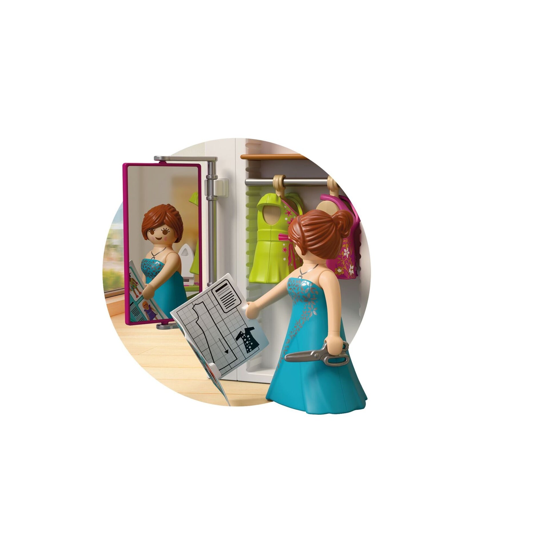 PLAYMOBIL Creative Fashion Designer 72082 sewing studio playset with fashion designer, sewing machine, dresses and movable mirror