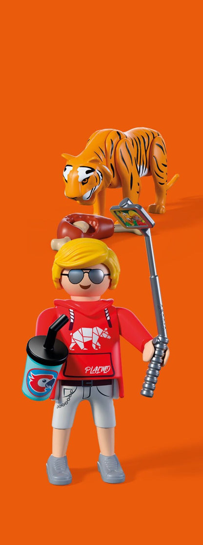 PLAYMOBIL Zoo Tiger and Visitor 72089 playset with movable tiger figure, zoo visitor and selfie stick