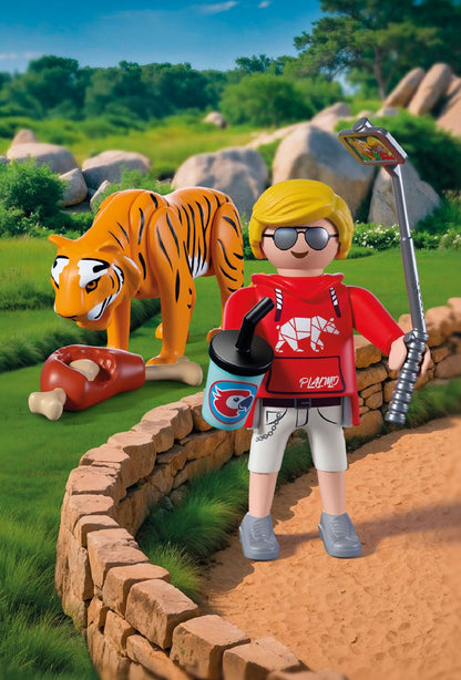 PLAYMOBIL Zoo Tiger and Visitor 72089 playset with movable tiger figure, zoo visitor and selfie stick
