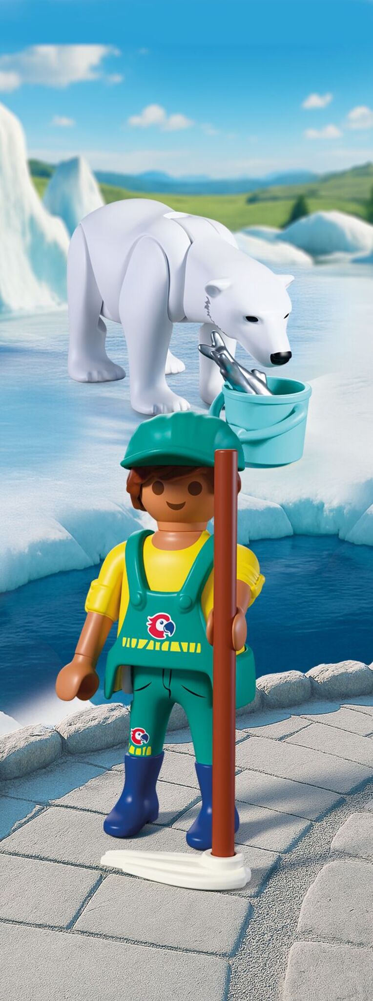 PLAYMOBIL Zoo Polar Bear and Zookeeper 72090 with articulated polar bear, fish bucket and zookeeper figure