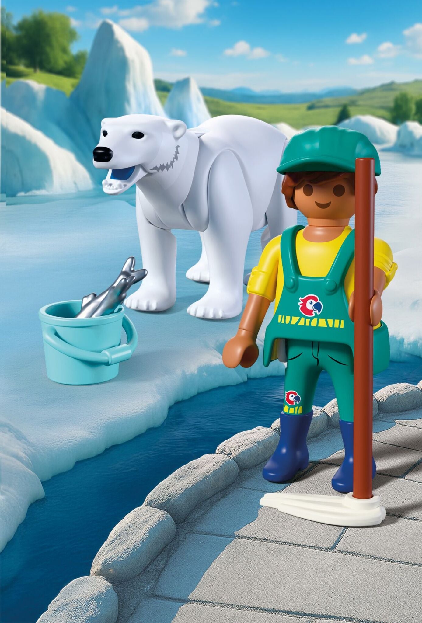 PLAYMOBIL Zoo Polar Bear and Zookeeper 72090 with articulated polar bear, fish bucket and zookeeper figure