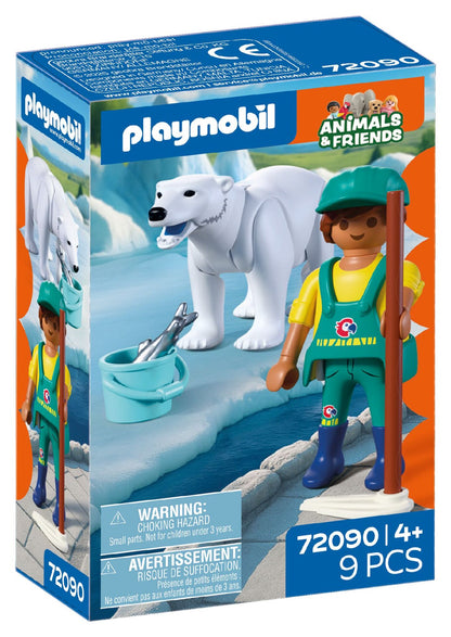 PLAYMOBIL Zoo Polar Bear and Zookeeper 72090 with articulated polar bear, fish bucket and zookeeper figure