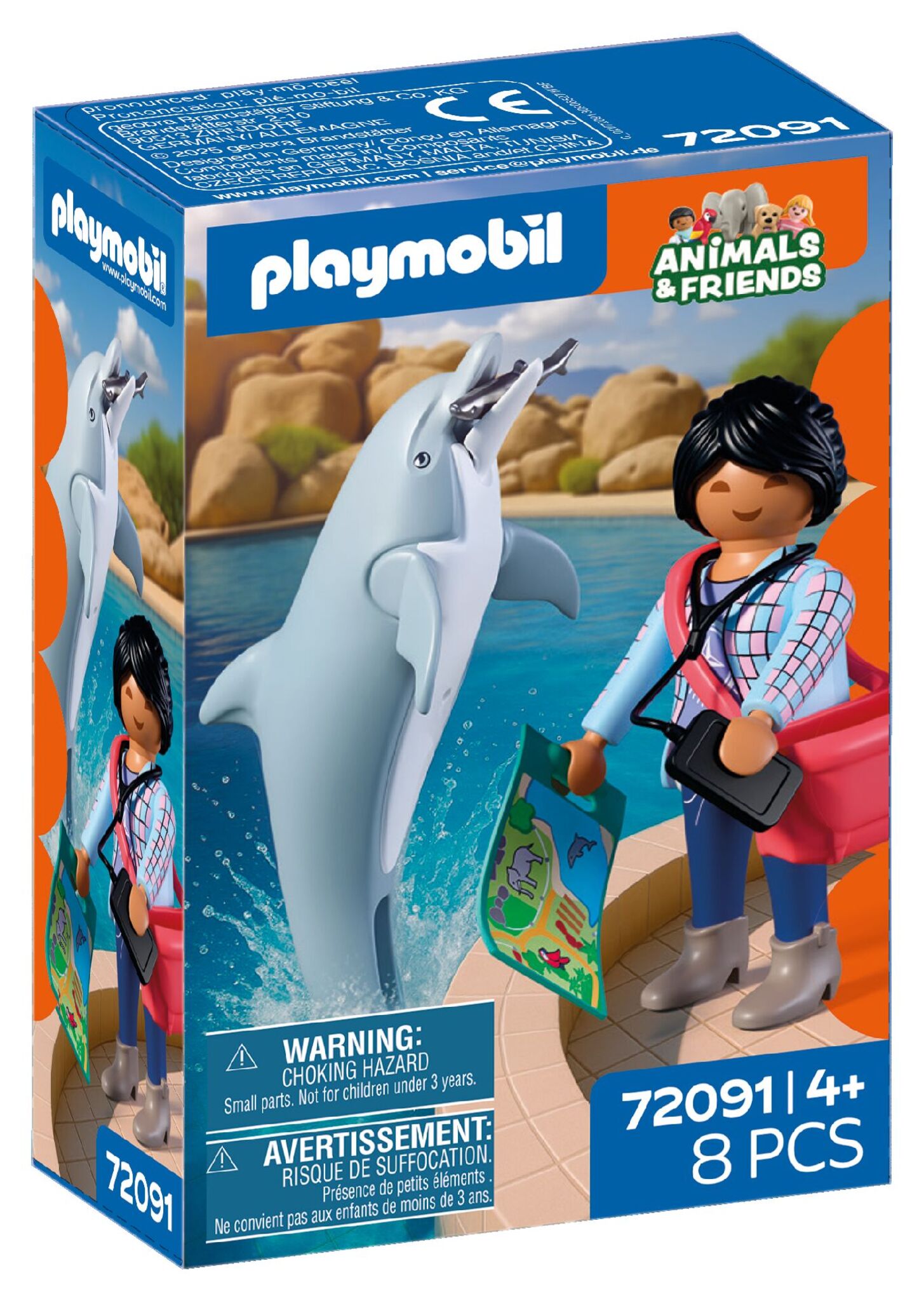 PLAYMOBIL Zoo Dolphin and Visitor 72091 featuring a dolphin with movable jaw, visitor figure, fish and zoo accessories
