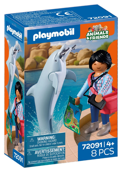 PLAYMOBIL Zoo Dolphin and Visitor 72091 featuring a dolphin with movable jaw, visitor figure, fish and zoo accessories