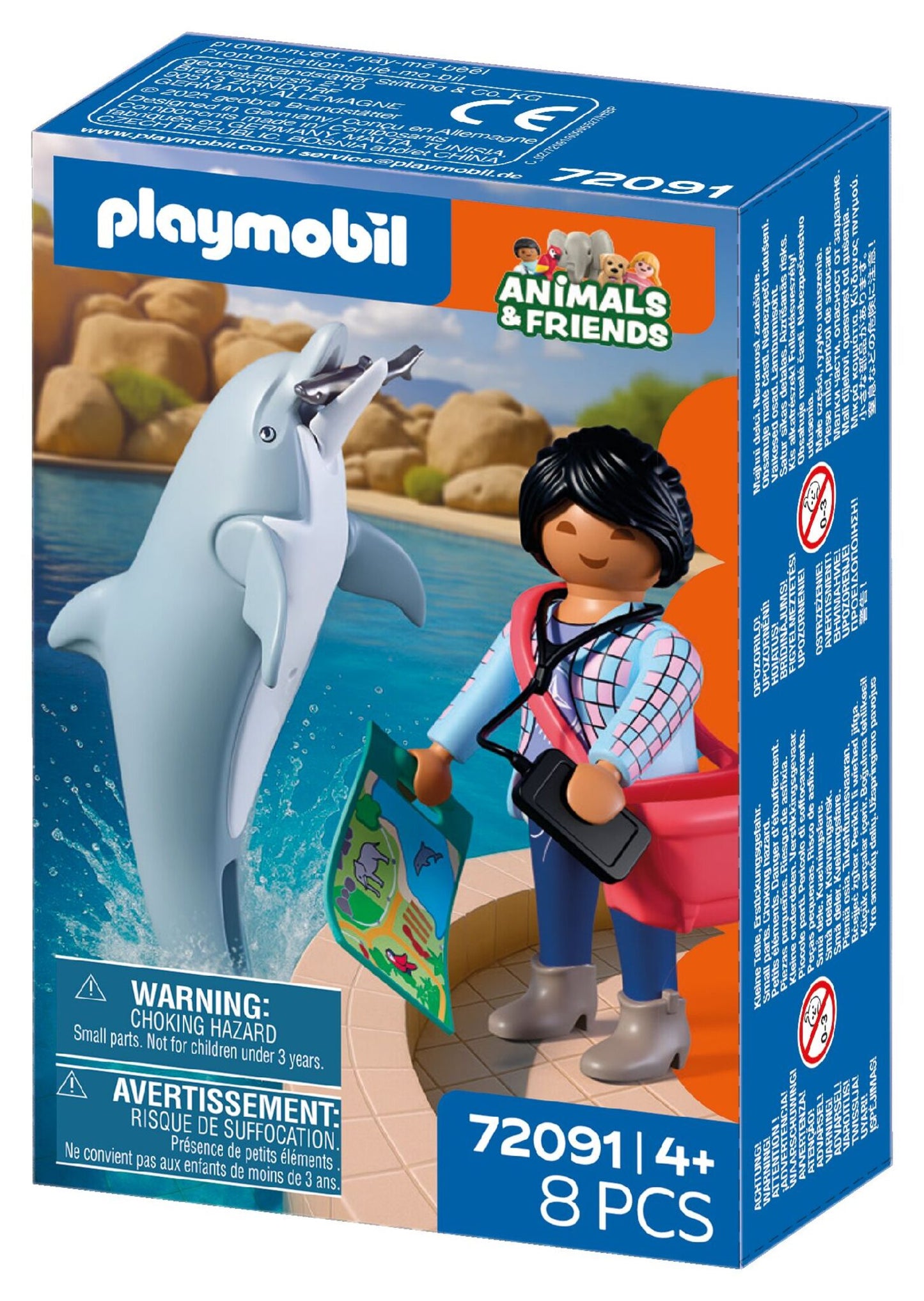 PLAYMOBIL Zoo Dolphin and Visitor 72091 featuring a dolphin with movable jaw, visitor figure, fish and zoo accessories