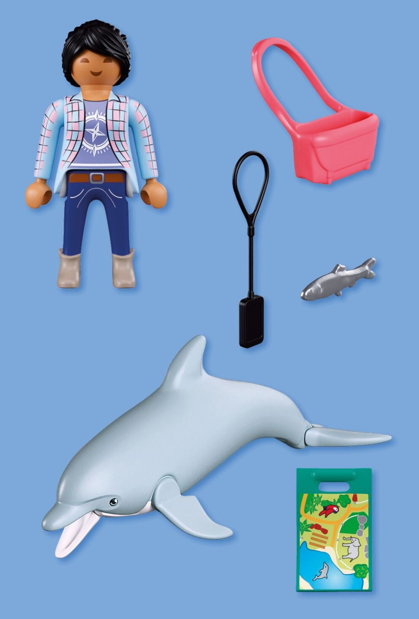 PLAYMOBIL Zoo Dolphin and Visitor 72091 featuring a dolphin with movable jaw, visitor figure, fish and zoo accessories