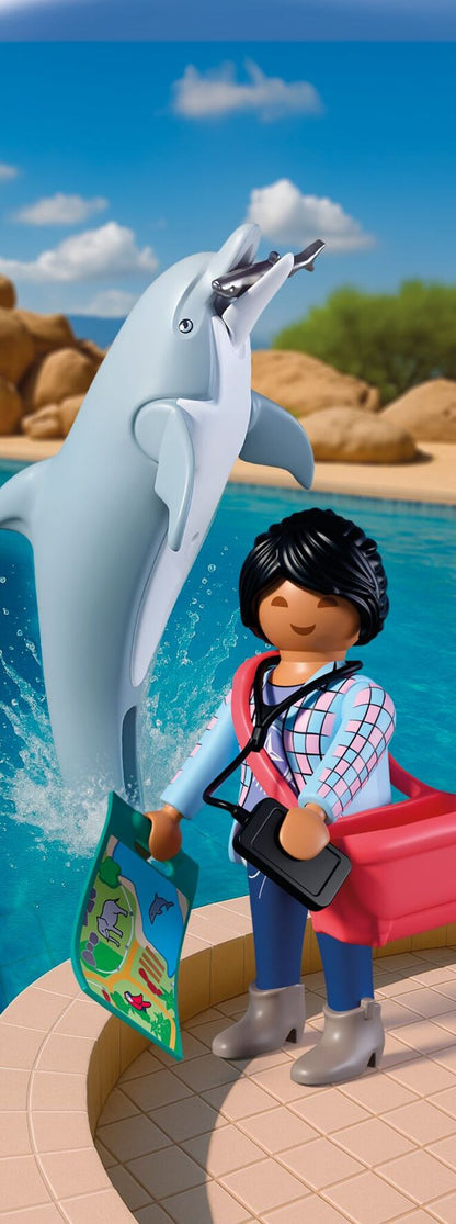 PLAYMOBIL Zoo Dolphin and Visitor 72091 featuring a dolphin with movable jaw, visitor figure, fish and zoo accessories