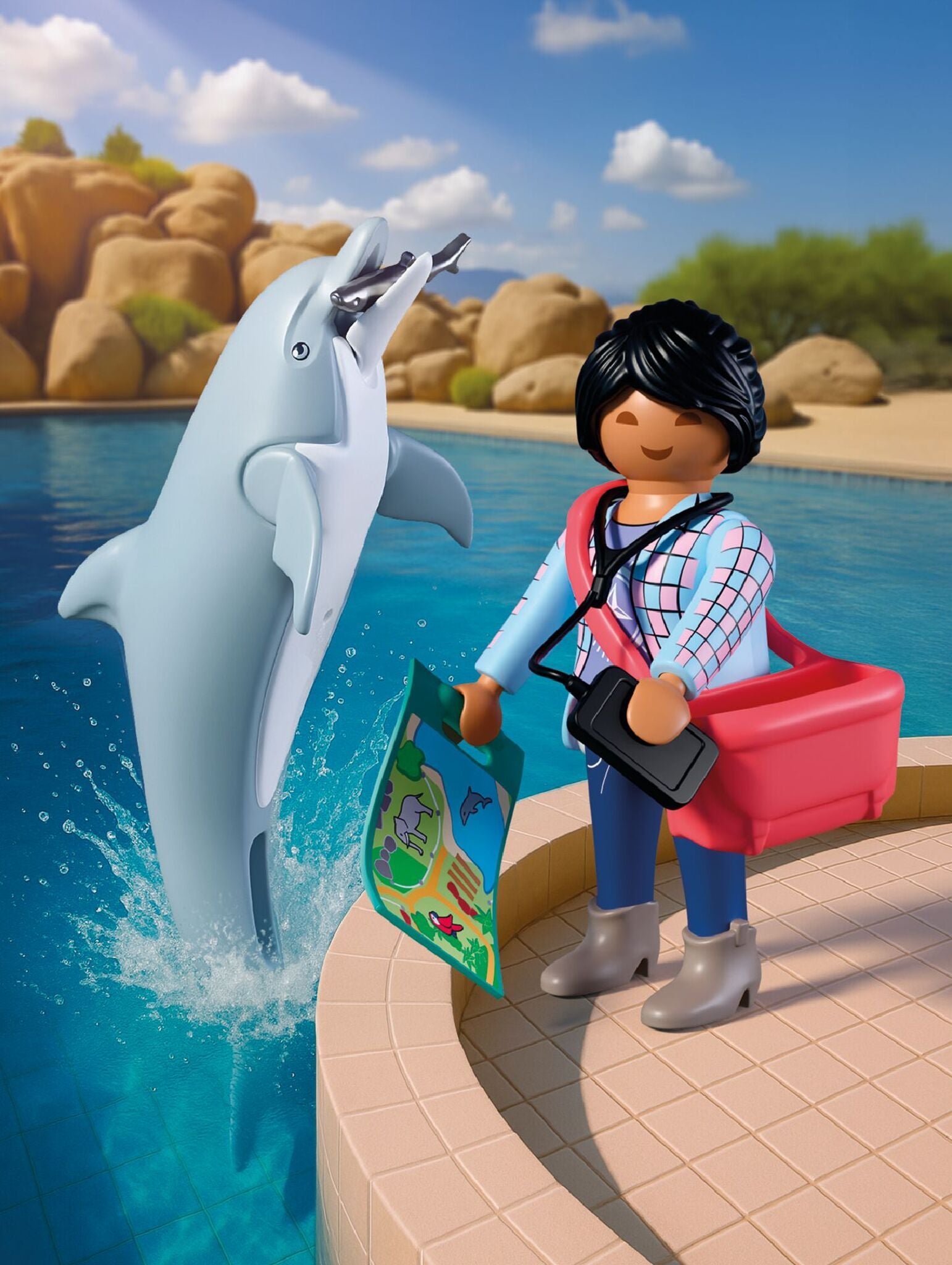 PLAYMOBIL Zoo Dolphin and Visitor 72091 featuring a dolphin with movable jaw, visitor figure, fish and zoo accessories