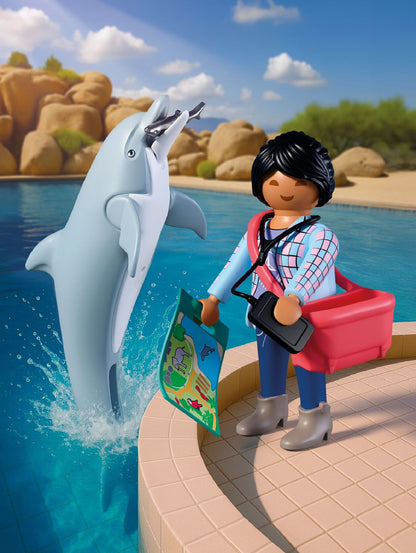 PLAYMOBIL Zoo Dolphin and Visitor 72091 featuring a dolphin with movable jaw, visitor figure, fish and zoo accessories