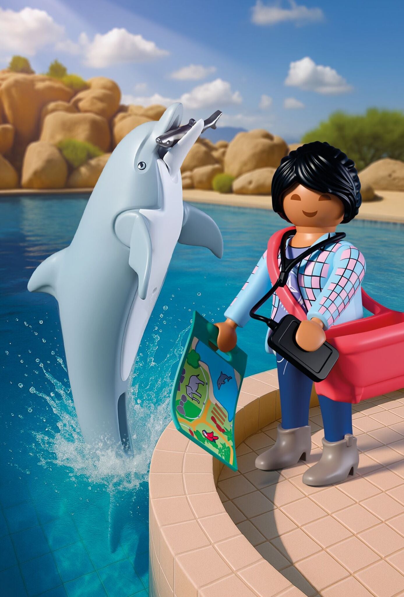 PLAYMOBIL Zoo Dolphin and Visitor 72091 featuring a dolphin with movable jaw, visitor figure, fish and zoo accessories