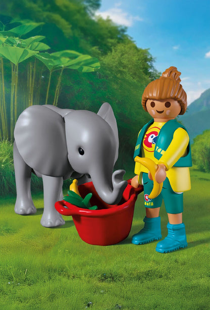 PLAYMOBIL Zoo Baby Elephant and Zookeeper 72092 with movable elephant, zookeeper, feeding basket, banana and grass