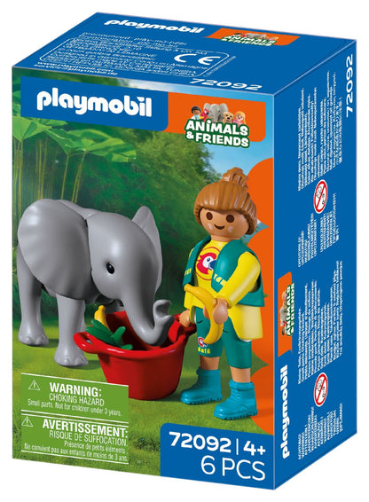 PLAYMOBIL Zoo Baby Elephant and Zookeeper 72092 with movable elephant, zookeeper, feeding basket, banana and grass