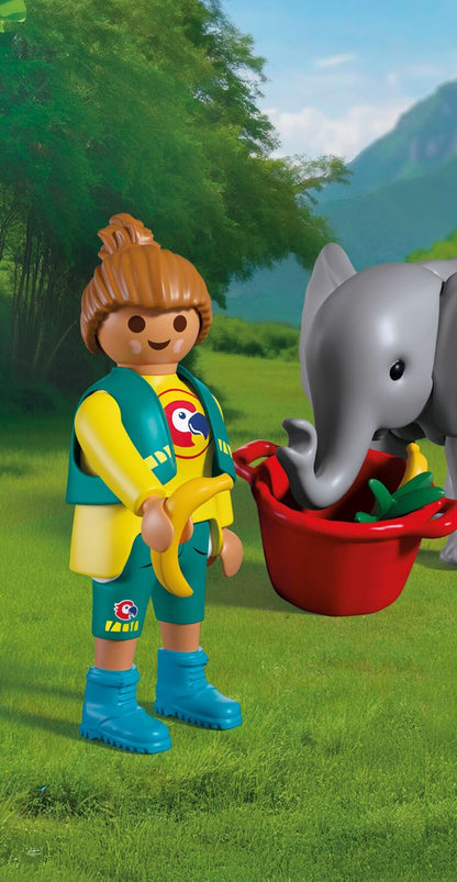 PLAYMOBIL Zoo Baby Elephant and Zookeeper 72092 with movable elephant, zookeeper, feeding basket, banana and grass