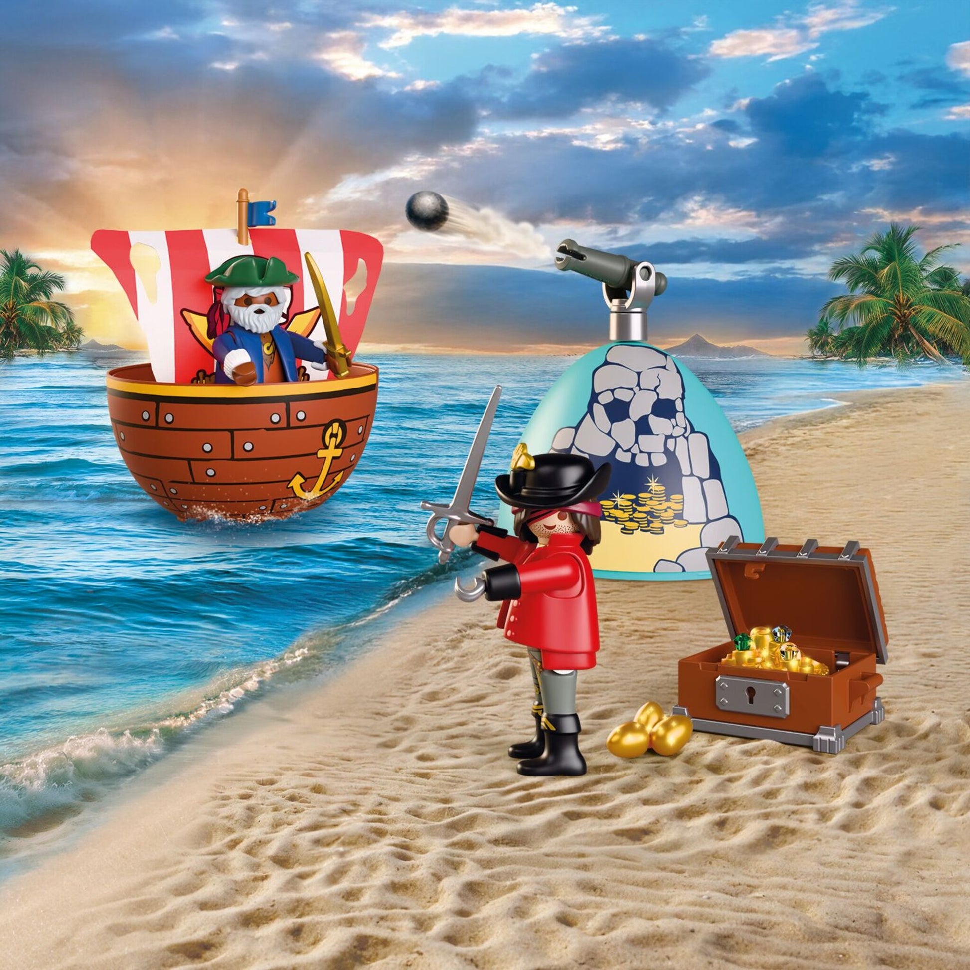PLAYMOBIL Play Egg Pirates 72100 portable pirate playset with two pirate figures, cannon, treasure chest and reusable egg