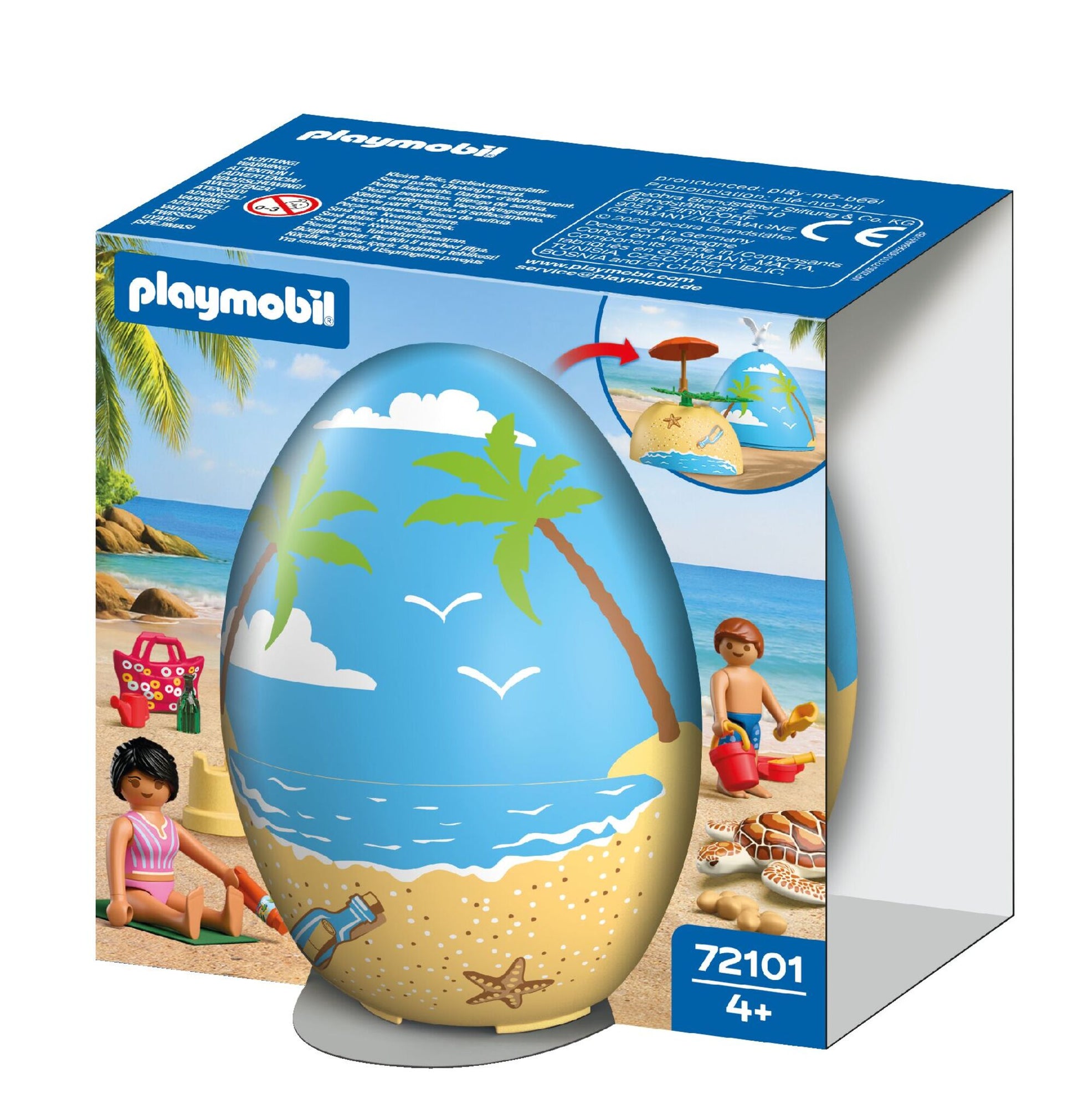 Playmobil Play Egg Beach Vacation 72101 portable playset with adult and child figures, beach accessories and sea turtle