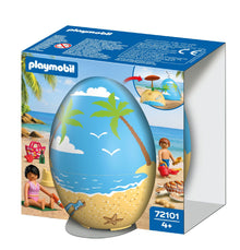 Playmobil Play Egg Beach Vacation 72101 portable playset with adult and child figures, beach accessories and sea turtle