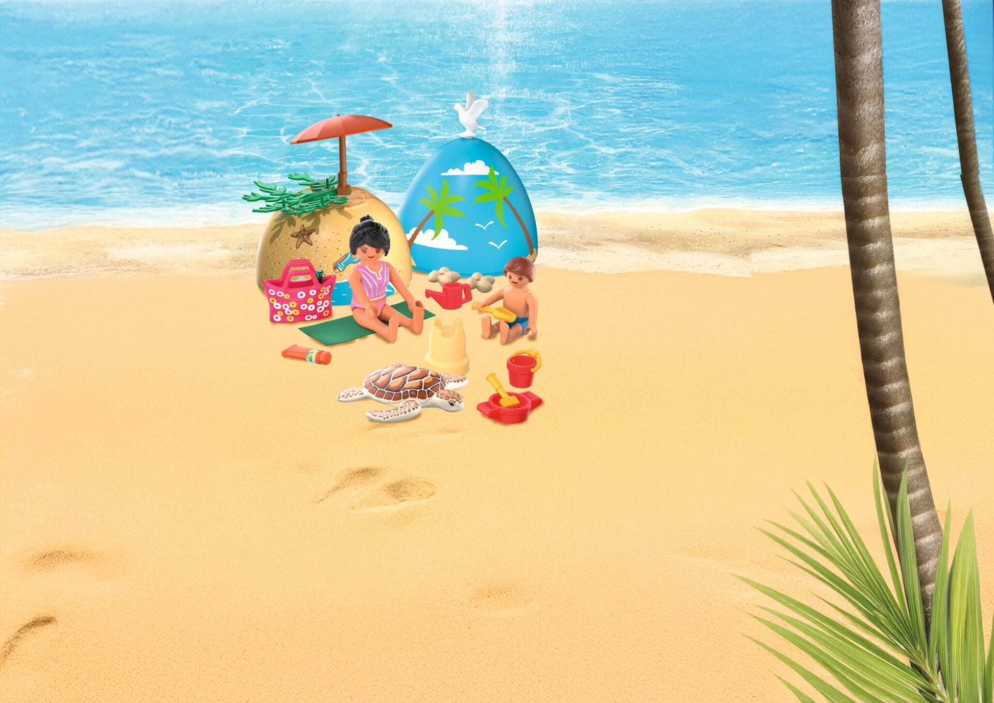Playmobil Play Egg Beach Vacation 72101 portable playset with adult and child figures, beach accessories and sea turtle