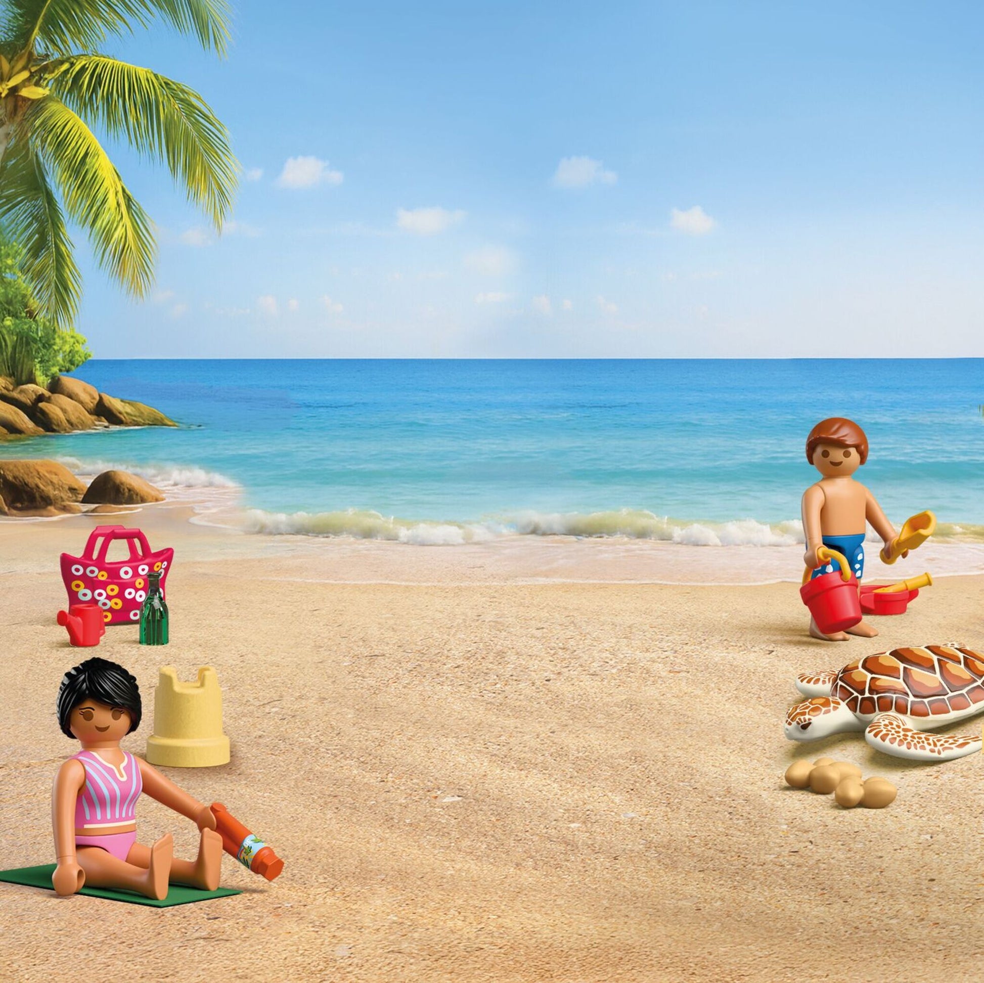 Playmobil Play Egg Beach Vacation 72101 portable playset with adult and child figures, beach accessories and sea turtle
