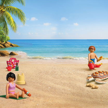 Playmobil Play Egg Beach Vacation 72101 portable playset with adult and child figures, beach accessories and sea turtle