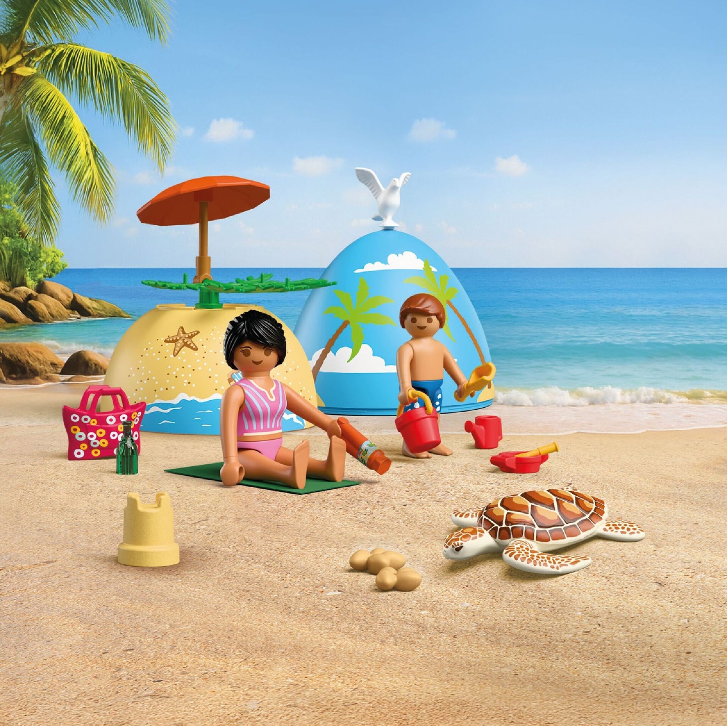 Playmobil Play Egg Beach Vacation 72101 portable playset with adult and child figures, beach accessories and sea turtle