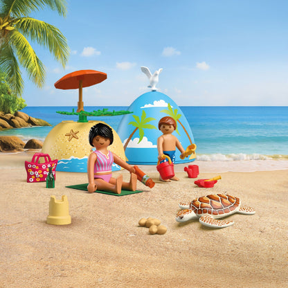 Playmobil Play Egg Beach Vacation 72101 portable playset with adult and child figures, beach accessories and sea turtle